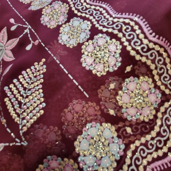 Maroon Saree Sequin Floral PRE SEWN Ready To Wear Saree Adjustable Waist - NEW - Picture 13 of 15